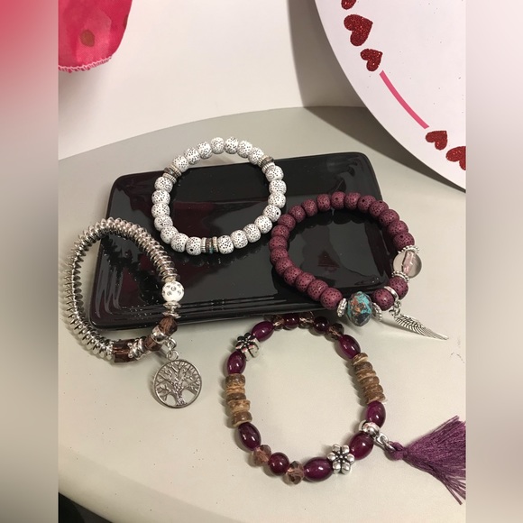 🌳 4 Pcs Tree of Life, Tassel Purple Charm  Beaded Bracelet Set NWT - Picture 6 of 6